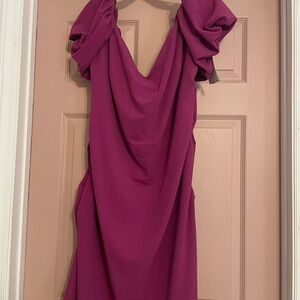 Purple Ruched Sheath Dress with Puff Cap Sleeves